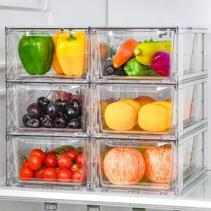 6Pack Clear Stackable Kitchen Storage Organizer,Foods Organizer Bins with Handles, Easily Assemble for Bathroom, Kitchen, Refrigerator, Pantry, Cabinet, Closet (Medium)