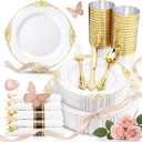 Nervure 350PCS Gold Plastic Plates - Gold Plastic Dinnerware Sets for 50 Guests - 100 Disposable Plates, 150 Silverware, 50 Cups, 50 Napkins for Wedding & Party & Mothers Day