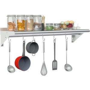 Treshin Stainless Steel Shelf with 6 Hooks 14 x 36 Inches, Commercial Wall Mount Floating Shelving Storage Pot Rack for Restaurant, Kitchen, Home, Bar and Hotel