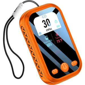 [3-in-1] Carbon Monoxide Detector Portable Mini Air Quality Monitor with Lanyard Alarm CO Meter Temperature Humidity Sensor Built-in 1000mAh Battery, Indoor/Outdoor (Orange)