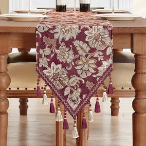 Loom and Mill Vintage Jacquard Table Runner 90 inches Long, Elegant Floral Pattern Dining Table Runners with Tassels, Great for Table Setting Kitchen Dresser Party Holiday Decor(Burgundy, 13x90in) (13 x 90 inch)