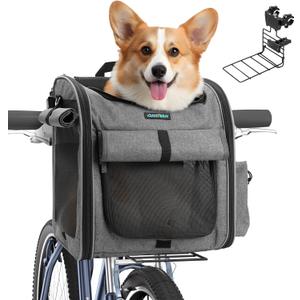 Dog Front Bike Basket 4-in-1 Pet Carrier Backpack & Car Seat, 22lbs Load, Stable L-Shaped Mount for E-Bikes (Display <3.15"), Reflective Waterproof Folding Bicycle Bag for Small Medium Dogs