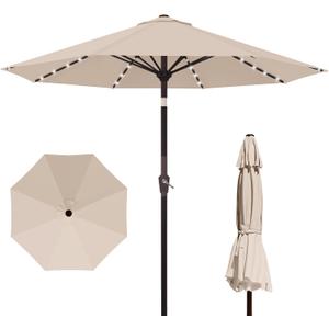 Kingdura 10FT Outdoor Patio Umbrella with Solar Lights, Market Table Umbrella with Push Button Tilt & Crank, 8 Sturdy Ribs, 32 LED Lights, UV Protection for Garden Lawn Deck Backyard Pool (Beige)