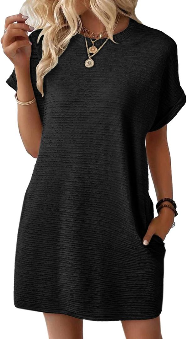 EVALESS Womens Summer Dresses 2026 Fashion Short Sleeve Cute Spring Mini Dress Crewneck Casual Beach Vacation Dresses (Medium, Black)