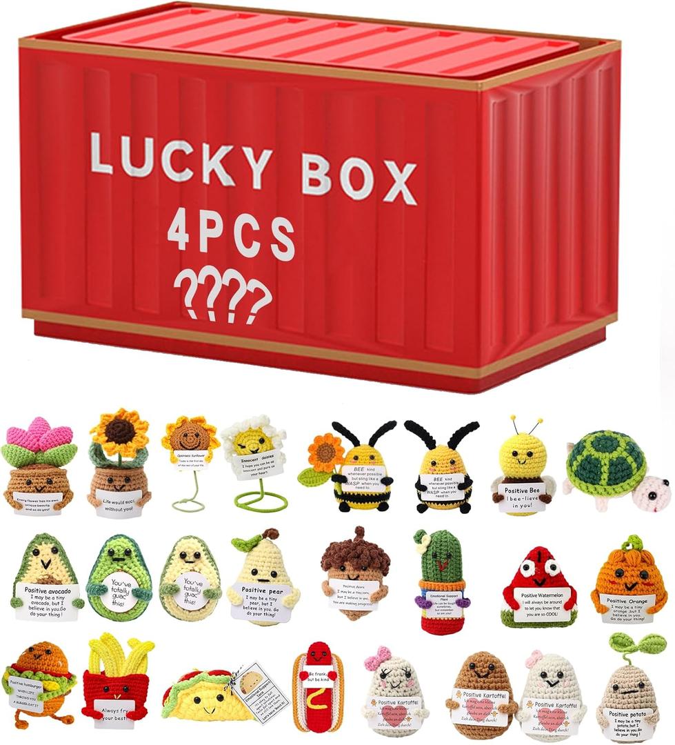 Lucky Box,4pcs Positive Crochet Giftset,Handmade Crochet Bulk,Cute Funny Emotional,Gifts for Crochet Lovers, Birthday Gifts for Women Men Friends Room Party Decor