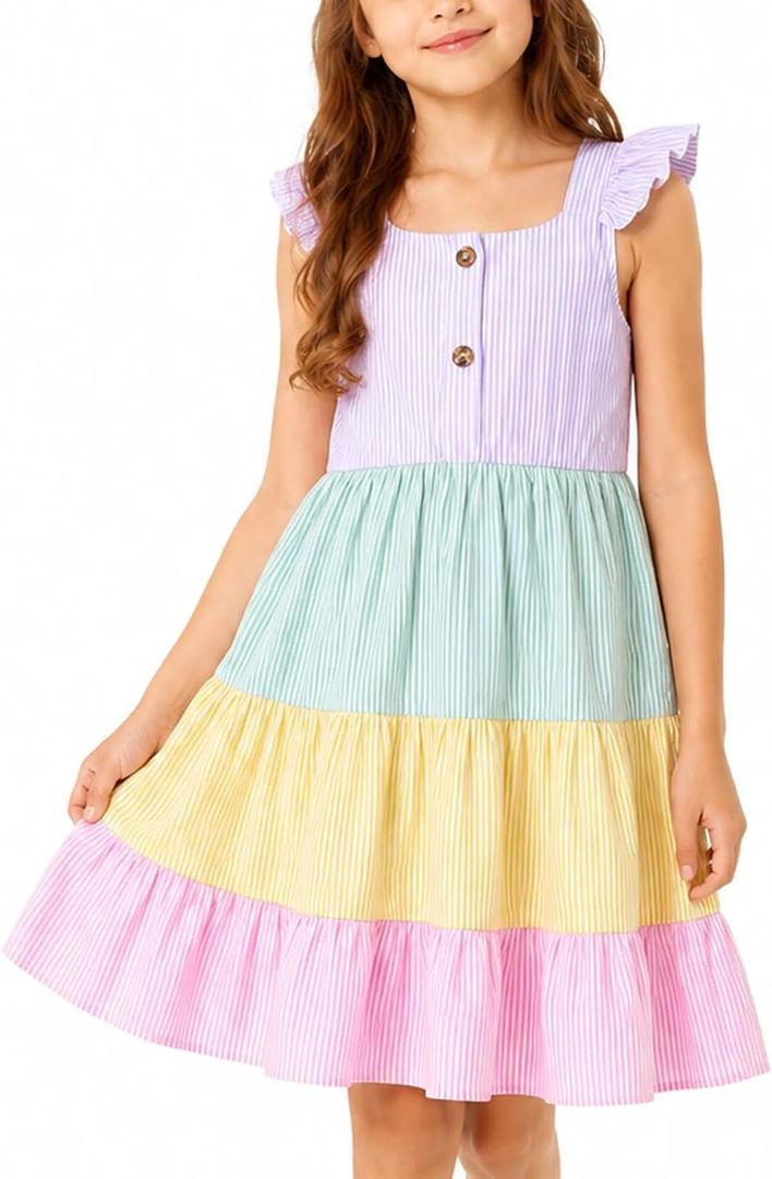 Girls Rainbow Summer Dress, Flutter Sleeve Tiered Sundress for Beach Vacation Muti Color 13-14 Years