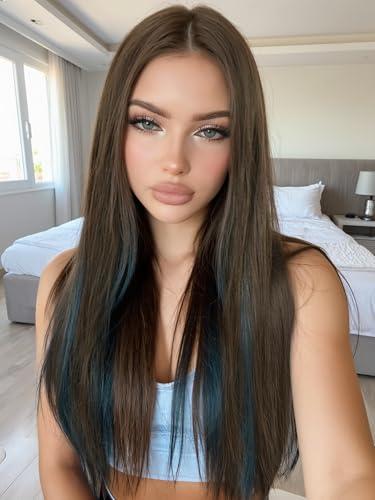 FANCEE Brown Mixed Blue Wig 30 Inch Long Straight Brown Peekaboo Blue Wig for Women 4x1 Lace Part Synthetic Heat Resistant Wigs for Cosplay Halloween Party Daily