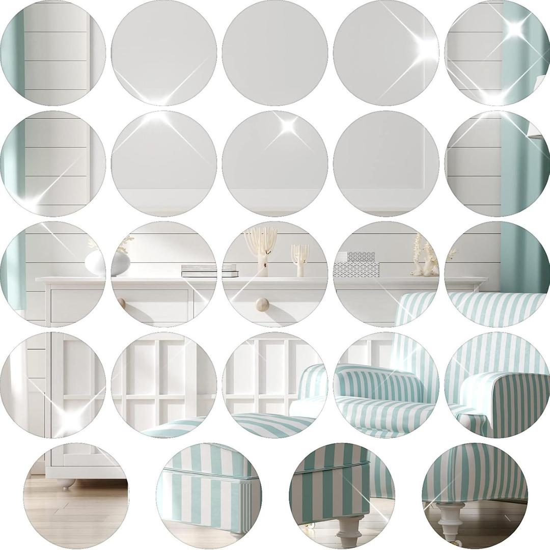 Cindeer Set of 24 Acrylic Round Mirror Plate Circle Mirror Trays Wedding Baby Shower Party Centerpieces for Tables Self Adhesive Non Glass Stickers for Home or Wall Candle Crafts Decor(12 Inch)
