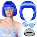 PLULON Royal Blue Bob Wig with Heart Sunglasses and Hair Cap, Colorful Short Bob Wigs Synthetic Party Wigs Funny Cosplay Hairpieces for Women Men Neon Bachelorette Halloween Costume Party Decorations
