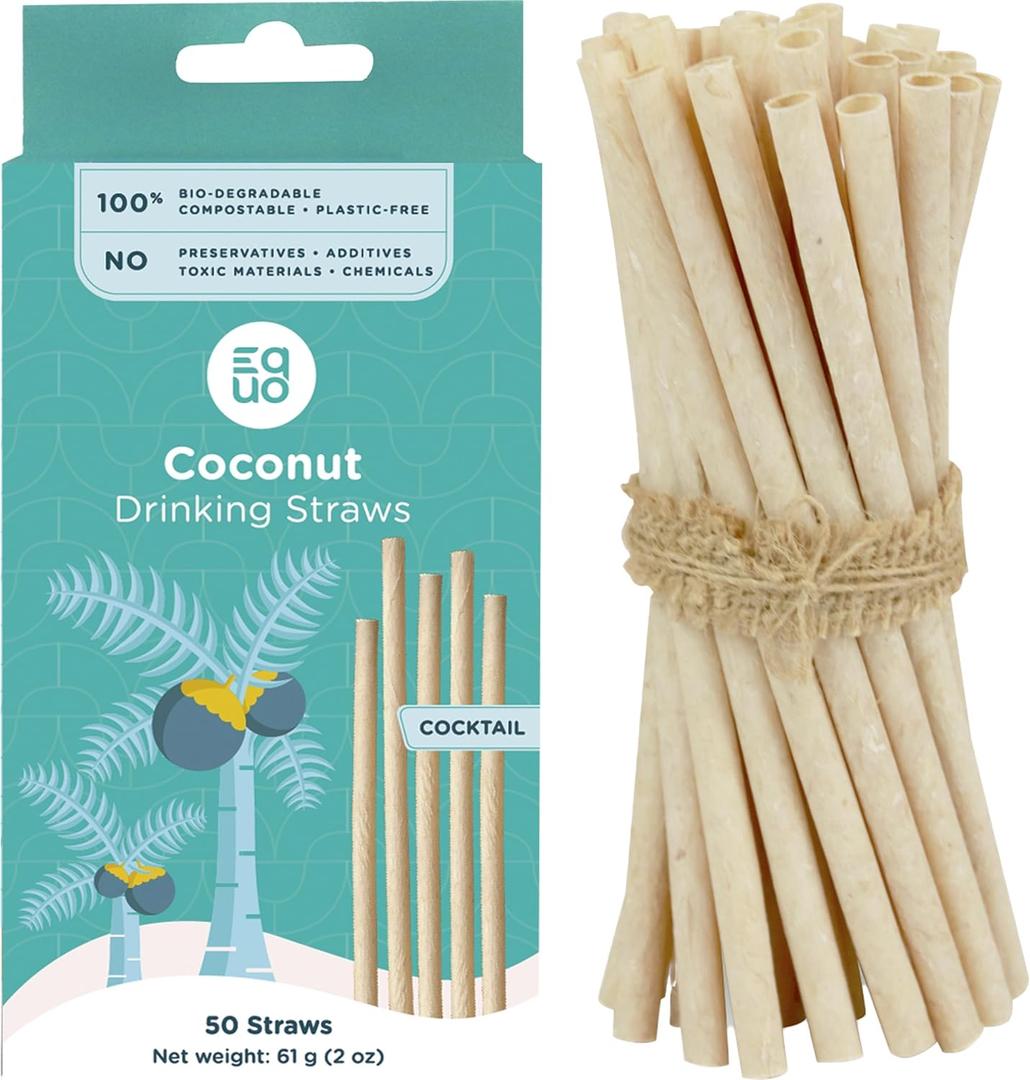 EQUO Coconut Drinking Straws (Pack of 50, Cocktail) - Plastic-free, Home-compostable, Eco-friendly Straws for Cocktails