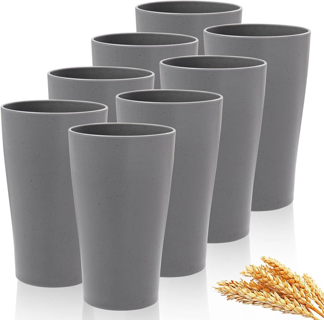 EI 8pcs Dark Grey Wheat Straw Cups,Unbreakable Plastic Reusable Cups,Plastic Tumbler Cups for Kitchen,Dishwasher Safe Water Glasses for Water, Coffee, Juice, Tea