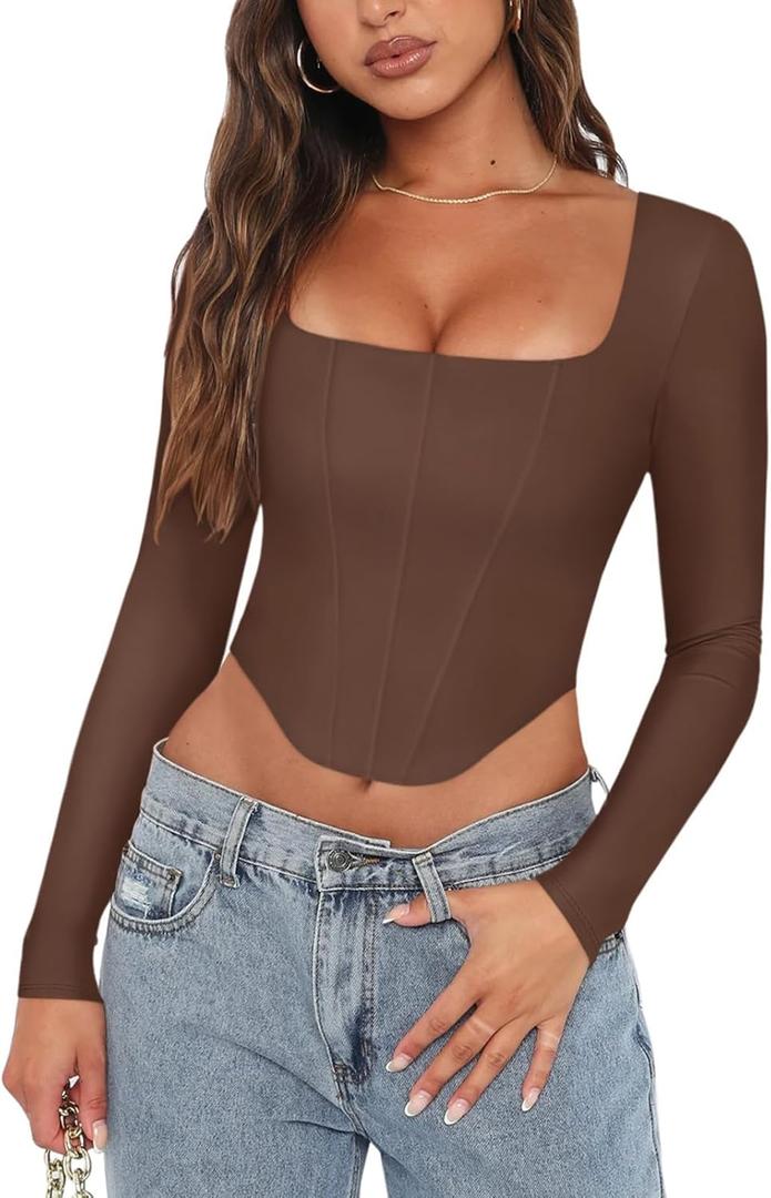 REORIA Womens Trendy Sexy Square Neck Long Sleeve Backless Y2K Going Out Boned Bustier Corset Crop Tops (Small, Coffee)