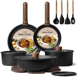 CAROTE 19pcs Pots and Pans Non Stick, Cookware Sets Detachable Handle, Induction Kitchen Pots and Pans,NonStick Cooking Set, Oven/Dishwasher/Fridge Safe, Space Saving (Black)