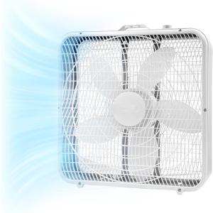 Comfort Zone Box Fan with Carry Handle, 20 inch, 3 Speed Full-Force Air Circulation Window Fan, Bedroom Floor Fan with 5 Blades, White Noise Cooling Fan, White