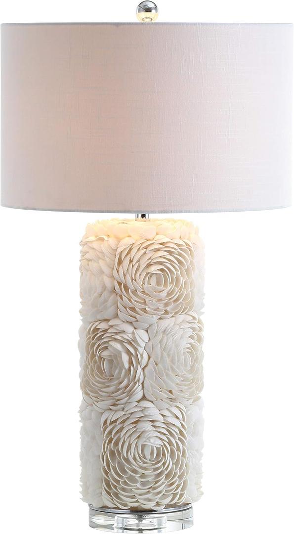 JONATHAN Y 28.5" Cream Seashell Resin and Crystal LED Table Lamp, Coastal Floral Mosaic Column Lamp with White Linen Drum Shade for Living Room, LED Bulb Included JYL1006A
