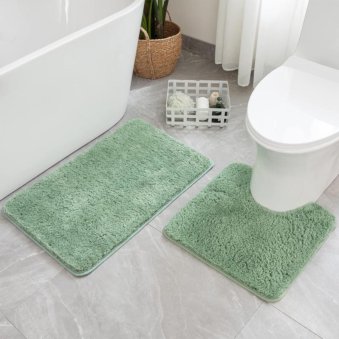 MIULEE Microfiber Bathroom Rugs and Mats Sets 2 Pieces Extra Thick Non Slip Bath Mat and U-Shaped Contour Toilet Rug for Bath Room Floor Restroom, 20"x30"+20"x20", Sage Green