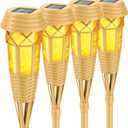Solar Outdoor Lights Torches with Flickering Flame for Garden Decor, Waterproof Garden, Outdoor Patio & Pathway Yard Decorations with Flame Torches - 4 Pack, Handmade Bamboo Solar Light, Realistic Flickering Flame, Auto Dusk‑to‑Dawn, IP65 Waterproof for Yard Patio Pathway