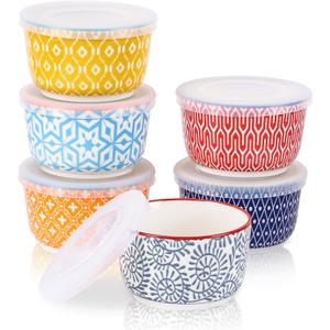 Selamica Ramekins with Lids, 8 oz Oven Safe Creme Brulee Ramekins with Covers, Souffle Dishes Pudding Custard Cups, Stackable Ceramic Small Ramekin Bowls Set for Baking, Dipping, Ice Cream, Set of 6, Assorted Colors