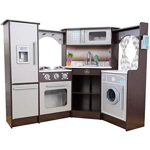 KidKraft Ultimate Corner Wooden Play Kitchen with Lights & Sounds, Play Phone and Curtains, Espresso, Gift for Ages 3+