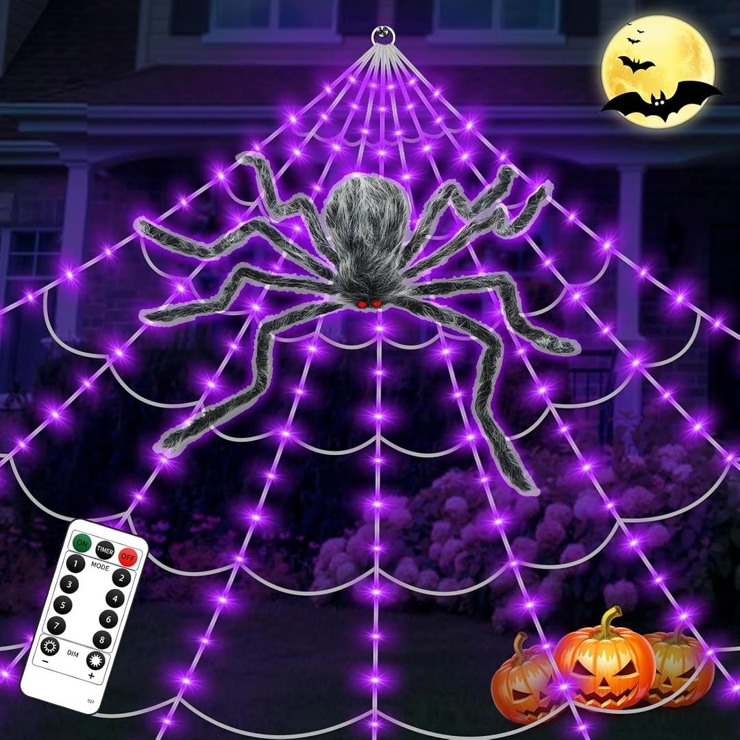 JESTOP Halloween Decorations Outdoor Spider Web with 180 Purple LED Lights, 16.4FT Giant Spiderweb Light - 8 Lighting Modes, Waterproof Huge Halloween Garden Decor Gift for Yard Outside