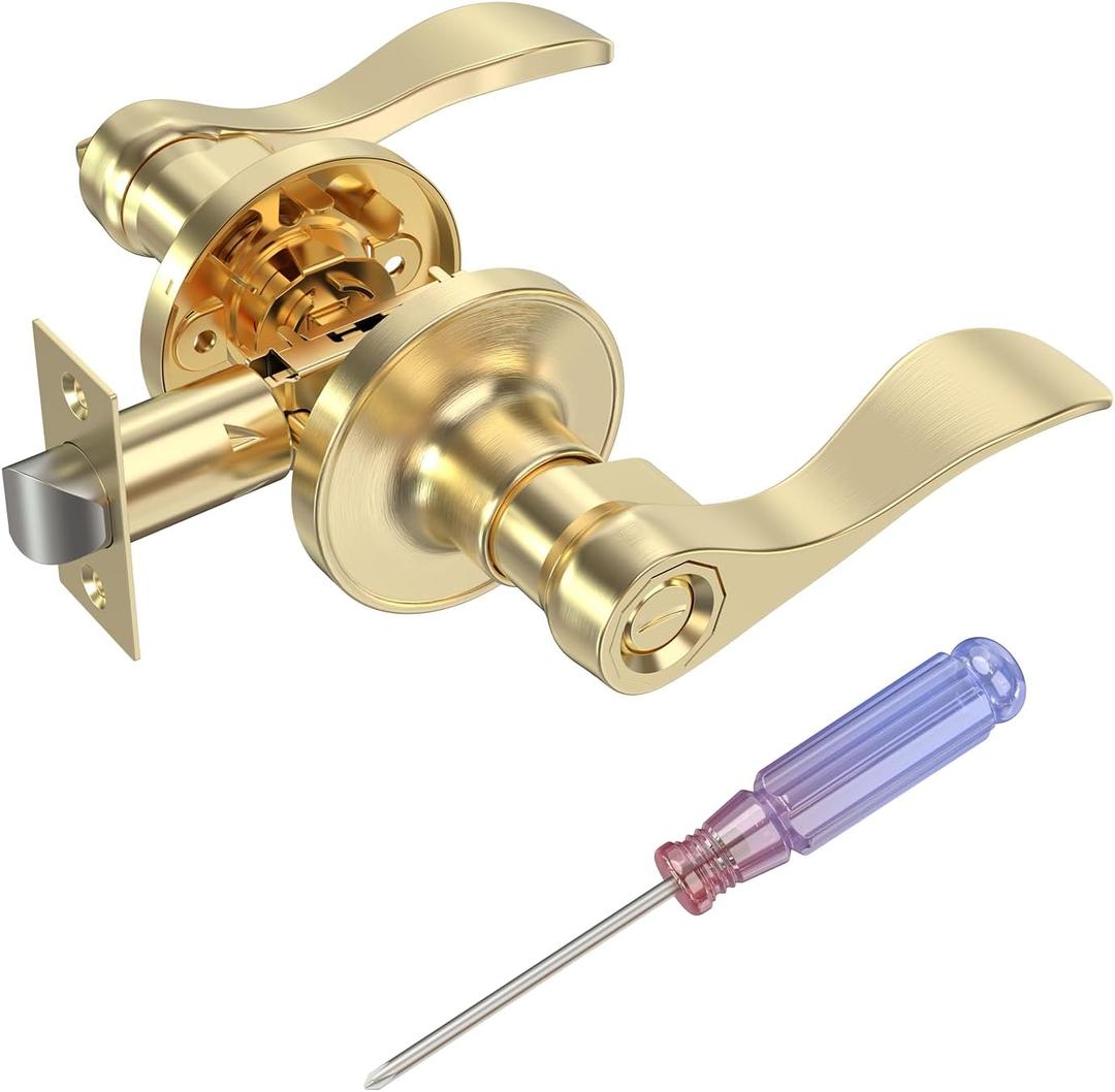 Privacy Door Lever Handle Lock, Gold Wave Style Door Levers with Screwdriver, Interior Privacy Door Levers for Bed/Bath Room, Reversible Handle Locks, Stain Brass, 1 Pack