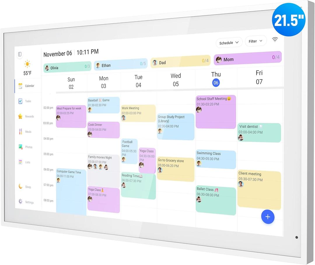 Digital Calendar, 21.5 Inch Electronic Calendar & Chore Chart, Smart Family Organizer with Interactive Touchscreen Display, Wall Mount or Desk Mount in Portrait or Landscape (White)