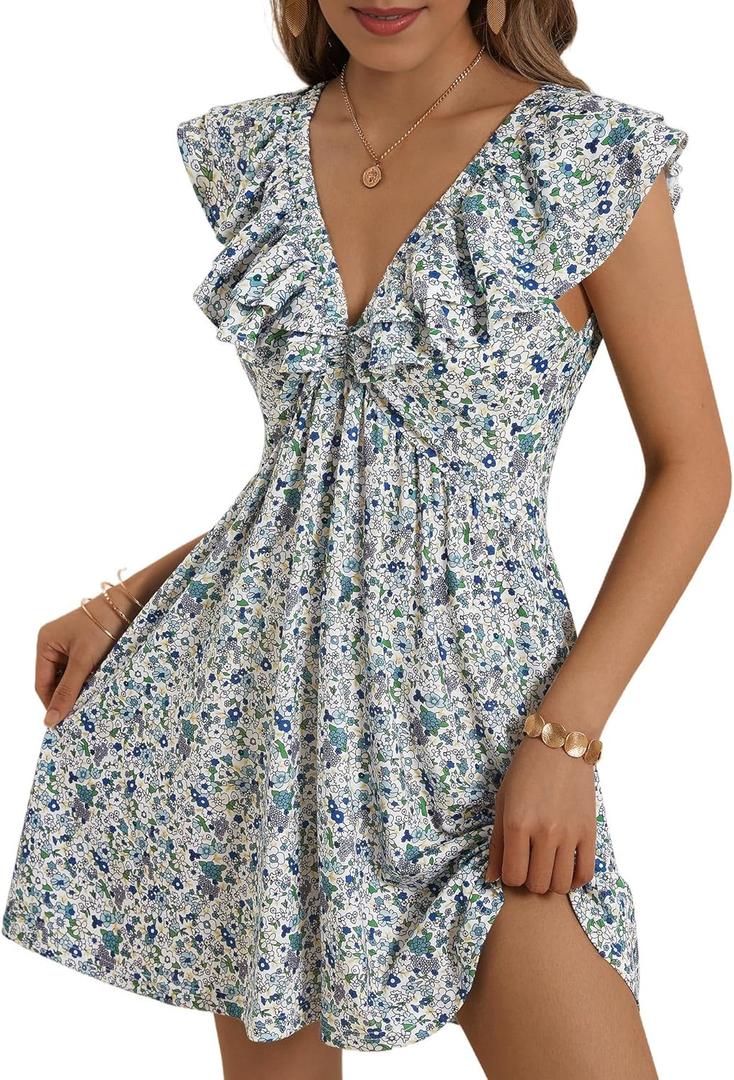 Loemes Women Summer Cute Floral Deep V Neck Mini Dress Casual Ruffle Sleeveless High Waist Swing Beach Sundress with Pockets