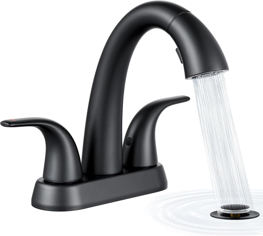 Ultimate Unicorn Matte Black Bathroom Sink Faucet - 4 Inch Centerset Pull Down Vanity Faucets 3 Hole with Pop Up Drain - Two Handle Modern Washbasin Tap Set with Pull Out Sprayer for Rv Restroom