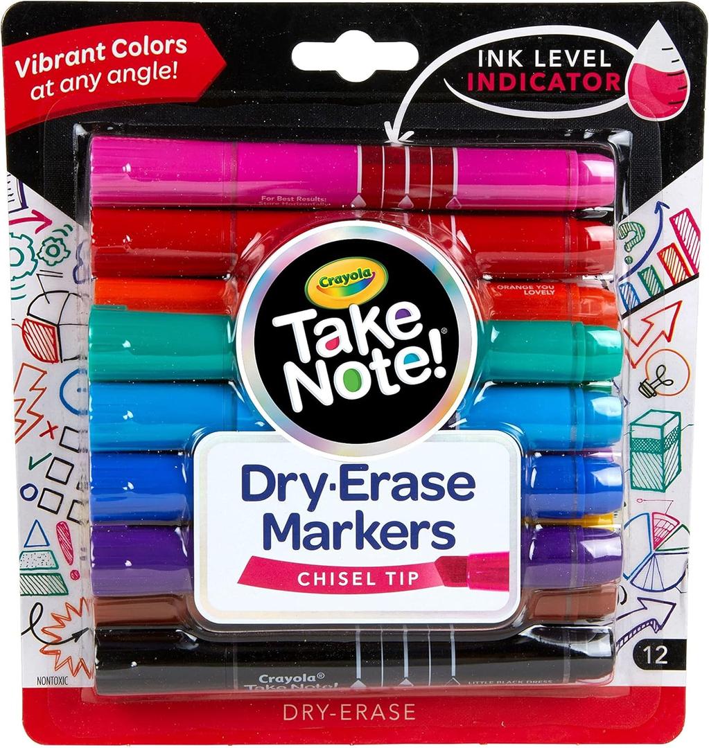 Crayola Take Note Dry Erase Markers for School (12ct) Chisel Tip Whiteboard Markers, Teacher Classroom Must Haves, Back to School Essentials, Low Odor