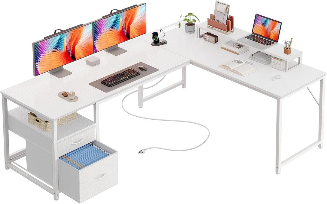 PRAISUN 63 Inch L Shaped Desk with Power Outlets and USB-C Port, Computer Corner Home Office Desk with File Fabric Drawers and Movable Monitor Stand, Larger Storage, Gaming, Writing, Work, White