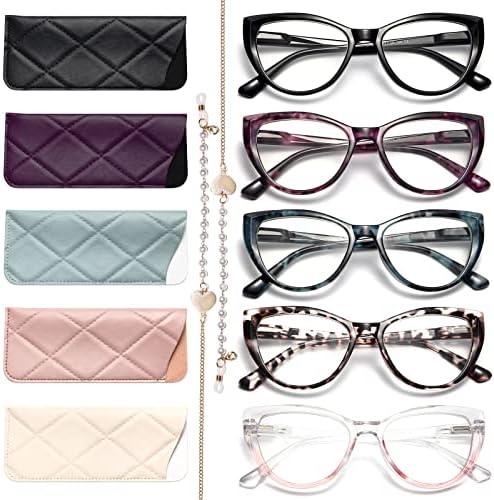 Gaoye 5 Pack Fashion Cat Eye Reading Glasses for Women, Computer Blue Light Readers Anti Glare With Eyeglasses Chain (A 5 PACK MIX, 1.5, multiplier_x)