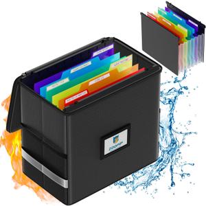 Fireproof File Box with Hanging File Folders, 7x1.2 Accordion Pockets, Hanging File Organizer for Letter Size, Retractable Hook, 1/3-Cut Tab (Folders+Box-12.6''*7.8''*9.8'') (Standard)