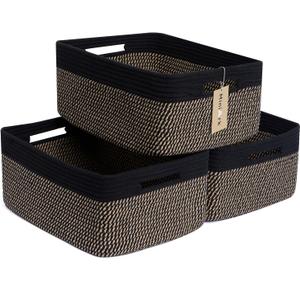 Large Storage Baskets for Shelves, Closet Organizers Bins for Clothes Blanket Towels, Baby Nursery, Toy Baskets Box, Woven Rope Baskets, 17" x 13" x 7.5", 3 Packs Woven Brown