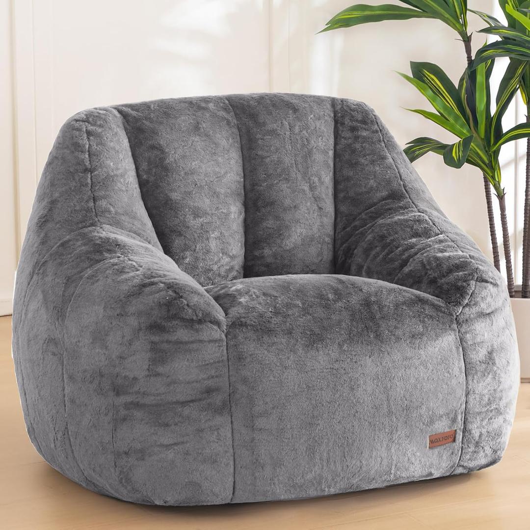 MAXYOYO Bean Bag Chair, Comfy Bean Bag Sofa with Back Support, Faux Fur Bean Bag Chair for Adults and Kids, Stuffed Floor Sofa for Living Room, Bedroom, Apartment, Grey, Large