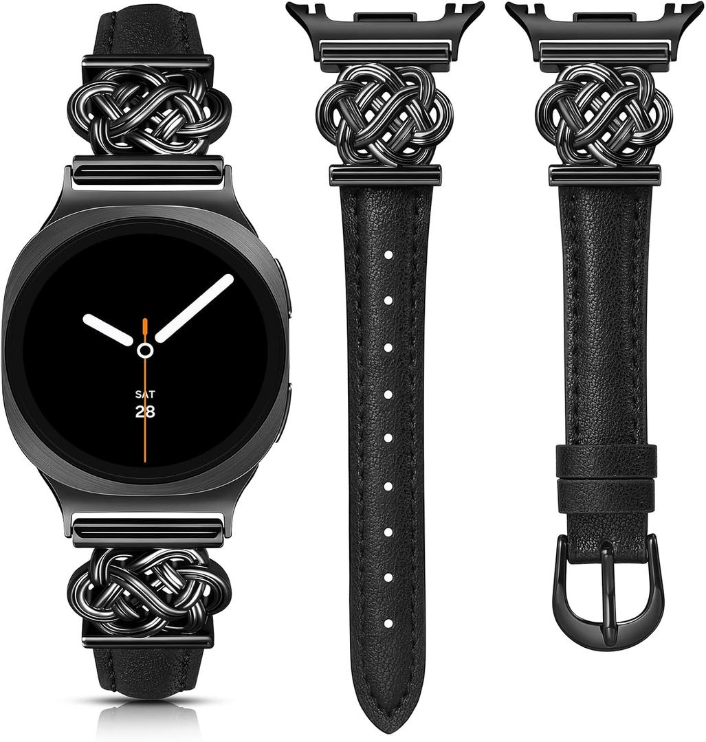 Minyee Celtic Knot Leather Band Compatible with Samsung Galaxy Watch 8 40mm 44mm/ 8 Classic 46mm Band Women, No Gap One-Click Slim Thin Dressy Premium Soft Leather Pretty Designer Adjustable Strap