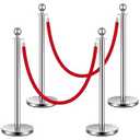 Stainless Steel Stanchion Post Queue 4PCS Pole w/ 2 Red Velvet Ropes, Crowd Control Barriers w/ Fillable Base for High-end Venues, Museums, Party Supplies (4 Pieces, Silver)