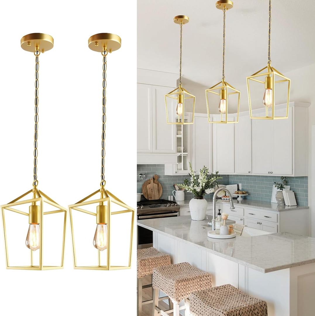 2-Pack Gold Pendant Lights Kitchen Island, Modern Mid Century Light Fixtures Hanging Lamp for Kitchen, Farmhouse Kitchen Pendant Lighting Over Island, Metal Cage Design