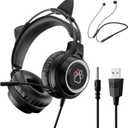 Wired Over-Ear Headphones for PS5 with Microphone + Wireless Neckband Sports Earbuds, Gaming Headset for PC/Nintendo Switch/Mobile, Great Audio Gift for Teenagers Gamers, Black Cat Ears