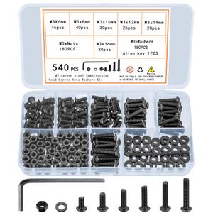 540 Pcs M3 Screw Assortment, M3 Bolts and Nuts Kit, Hex Socket Button Head Cap Screws and Nuts and Washers Set, Metric Machine Screw Assortment Kit, 10.9 Carbon Steel Assorted Screws