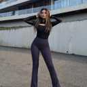 PINSPARK Womens Mini Flare Yoga Pants High Waisted Bootcut Leggings Athletic Bootleg Pants with Back Pockets (Blue, L)