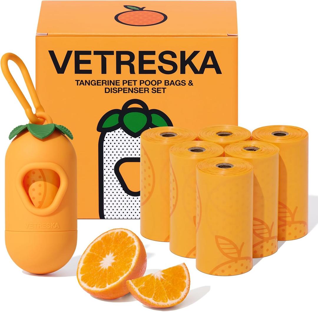 VETRESKA Dog Poop Bag Dispenser with Citrus Scented Waste Bags, Leak Proof, Extra Thick and Large Pet Poop Bags for Walking Dog and Cats Litter, 1 Count Holder and 105 Bags, Orange