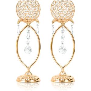 2 Pcs Gold Elegant Metal Crystal Tea Light Candle Holders with Bling Crystal Pendants, Hollow Design - Wedding Table Centerpieces for Anniversary Birthday Party, Home Decor