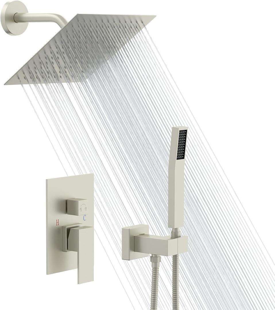 Lordear Rain Shower System 8 Inch Wall Mounted Shower Faucet Set Stainless Steel Shower Head Handle Set and Solid Brass Valve Brushed Nickel Finish