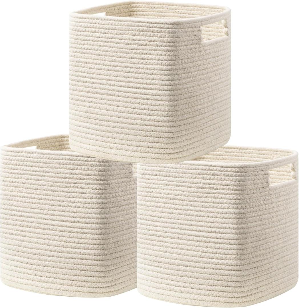 UBBCARE Set of 3 Cotton Rope Basket 13 X 13 X 13 Inches, Woven Storage Baskets for Shelves, Organizing with Handles, Cube Storage Bins for Storage Books, Magazines, Beige