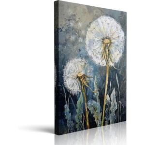 Dandelion Wall Art Canvas Framed Print Painting Wildflower Botanical Floral Wall Decor Artwork Poster Farmhouse Rustic Decor Serene Textured Blue Gray for Living Room Bedroom Office 12x16 Inches