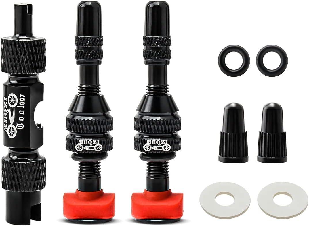 MUQZI Tubeless Presta Valve Stem Kits - No Leak Bike tubeless Valve Stems with Integrated Valve Core Remover Tool and Alloy Presta Valve Stem Caps for Bicycle, Black(40mm)