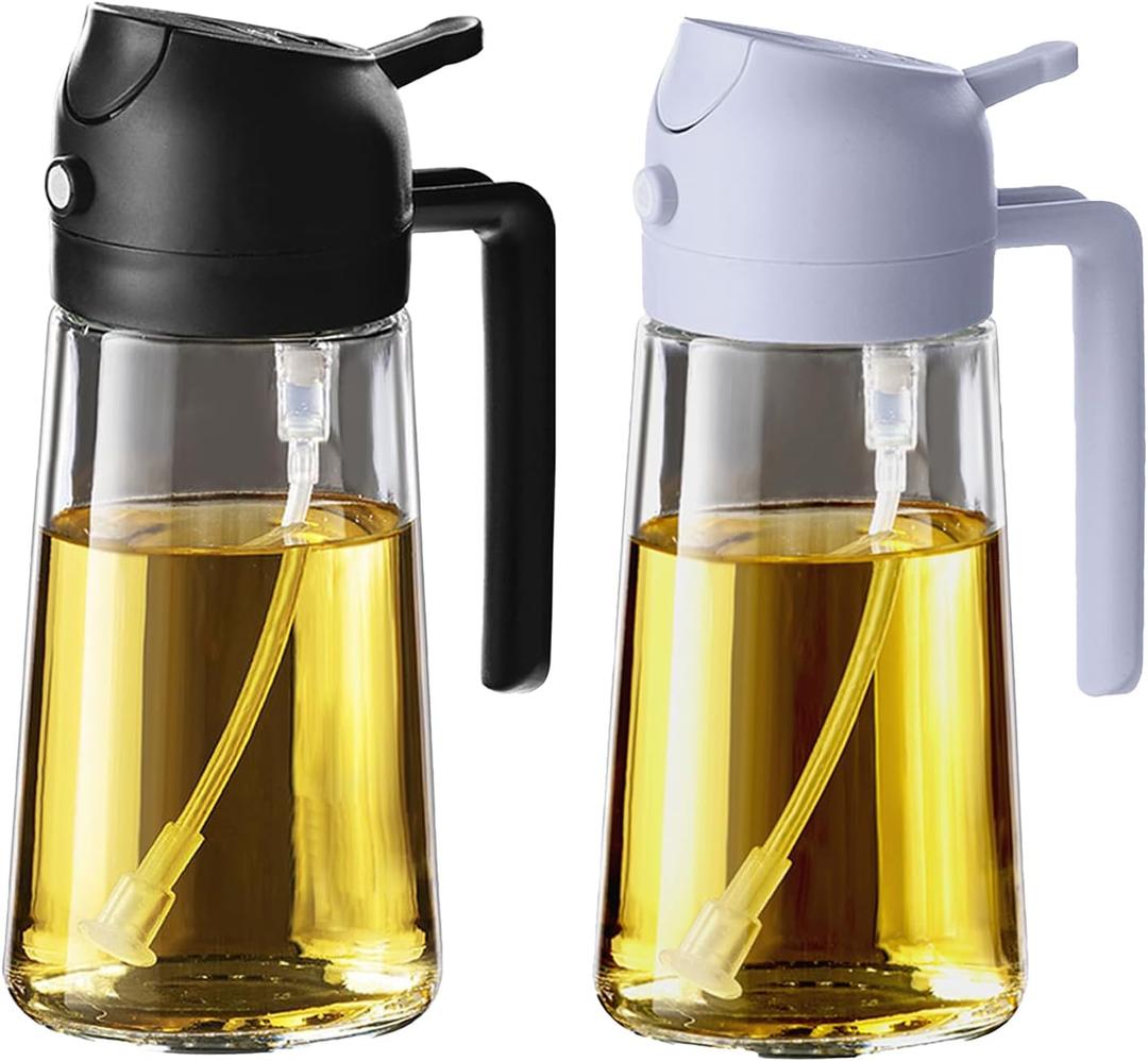 TrendPlain 16oz/470ml Glass Olive Oil Sprayer for Cooking - 2 in 1 Olive Oil Dispenser for Kitchen Gadgets, Air Fryer, Salad, and BBQ - Black & Periwinkle