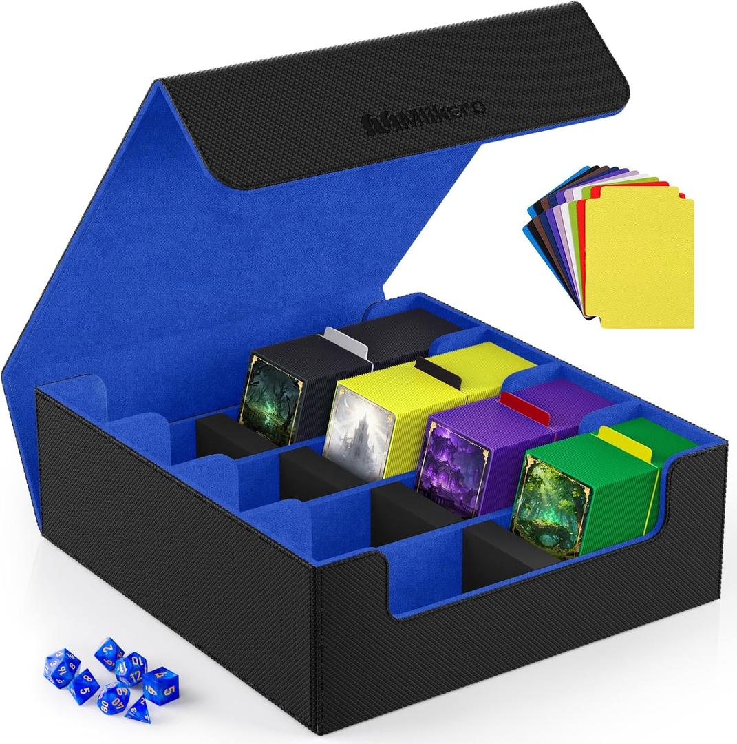 Mlikero Card Deck Case, 2400+ Trading Card Storage Box with 10 Colorful Dividers and 4 Foam Stoppers, Leather Magnetic Closure Commander Deck Box Fit for MTG, TCG (4 Rows, Black&Blue)