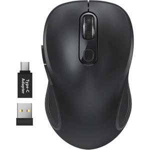 WisFox 2.4G Wireless Mouse for Laptop, Ergonomic Computer Mouse with USB Receiver and Type-C Adapter, 3 Adjustable Levels, 6 Button Cordless Wireless Mice for Windows Mac PC Notebook (Black)