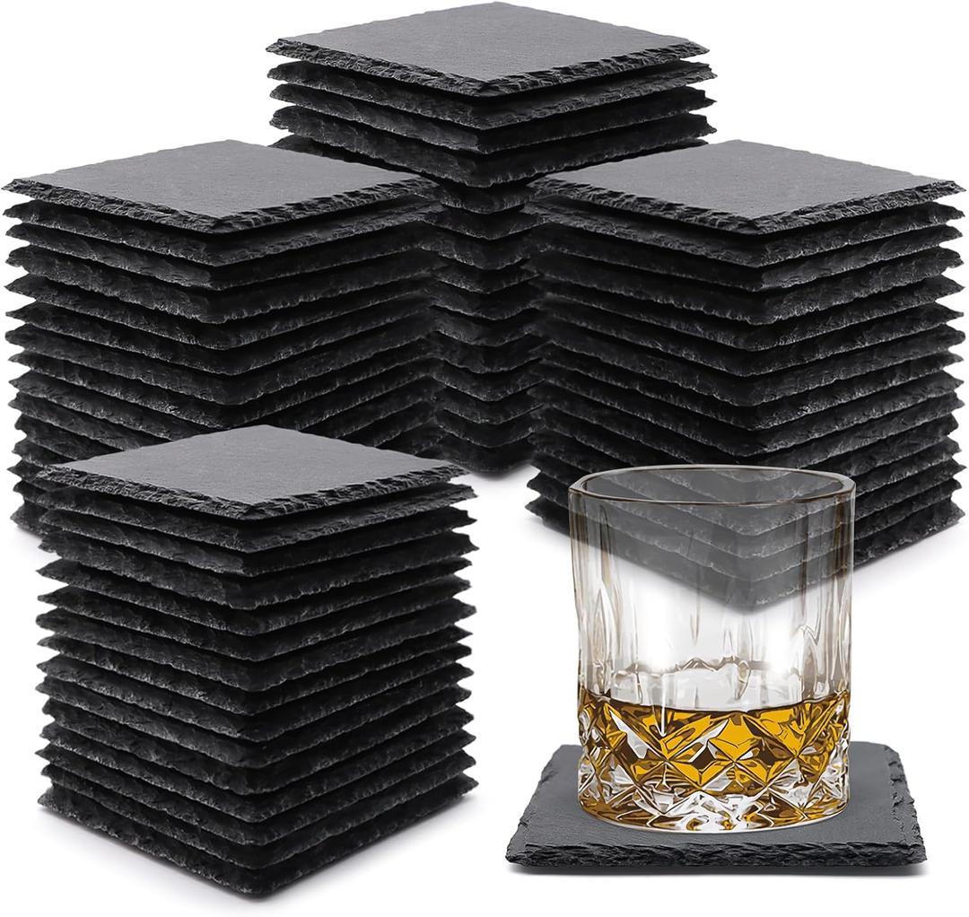 60 Pack Slate Drink Coasters, VIBRATITE 4 Inch Black Slate Stone Coasters Bulk Cup Coaster Laser Engraving Blanks with Anti-Scratch Bottom for Drink Coffee Bar Kitchen Home Decor, Square